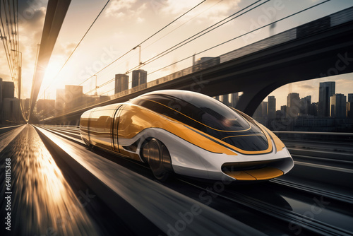 A modern high-speed train moves along the railway tracks against the backdrop of a field at sunset. High-speed rail transport.