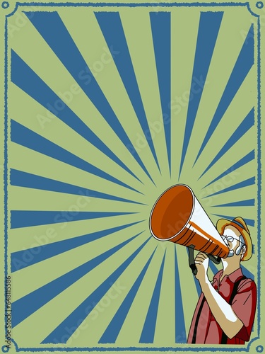 Man wearing a hat holding a megaphone announces. vintage background with rays. Illustrations imitating the old style The stripes are separated from the center. Yellow alternating green.