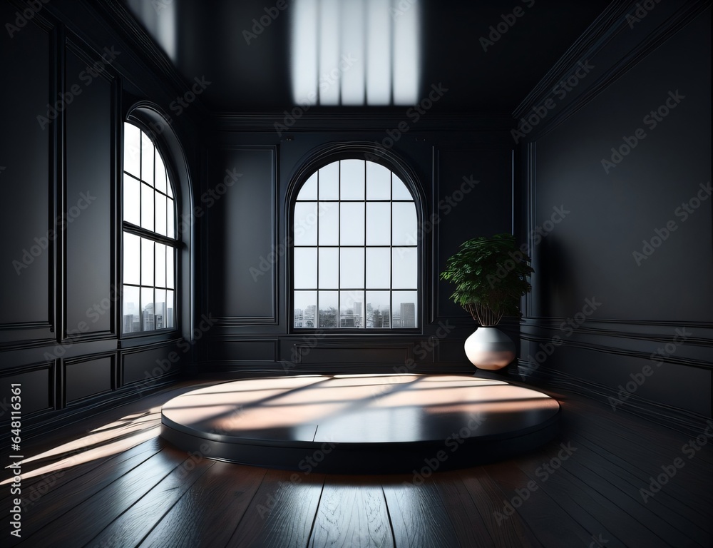 Fototapeta premium empty gallery interior room black with circle podium made with Generative AI