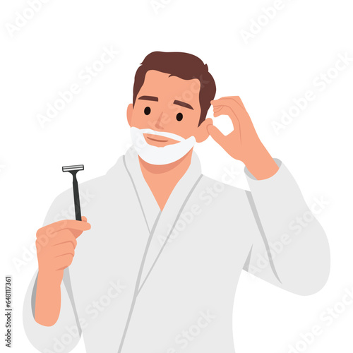 Young handsome man shaving his beard over isolated background having doubts and with confuse face expression. Flat vector illustration isolated on white background