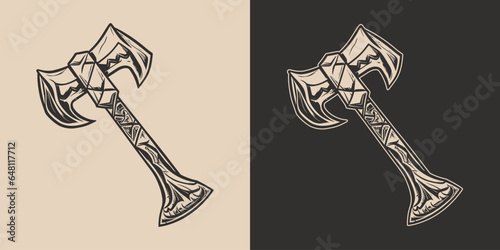 Set of  viking axe hammer weapon blade. Graphic Art. Vector. Hand drawn element in engraving
