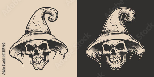 Vintage retro Halloween witch skull wisard in hat. Monochrome Graphic Art. Vector. Hand drawn element in engraving. style