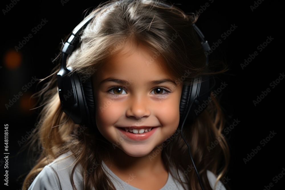 portrait of small a girl wearing headphones . calling center portrait of small a girl wearing headphones . calling center