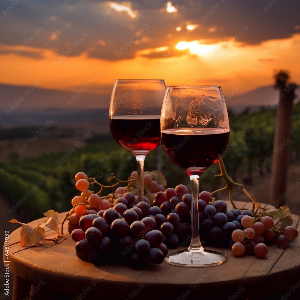 Two glasses of red wine at evening vineyard landscape