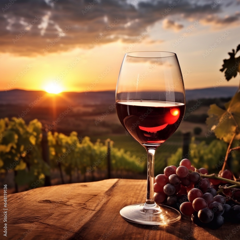 red wine on glass at evening vineyard landscape