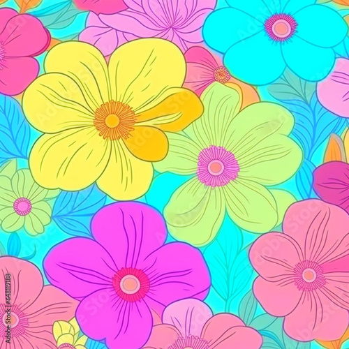 Wallpaper Mural Blue, yellow and pink watercolor flowers with stems and leaves Torontodigital.ca