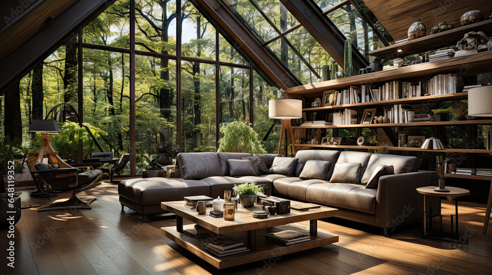 Contemporary Living Room Interior in a Wooden House Among the Trees