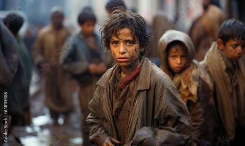 A portrait of a young Libyan boy in wet  dirty clothes and hair  looking into the camera with a sad and frightened expression. Lost and hungry in the aftermath of the flood in Derna  Libya.