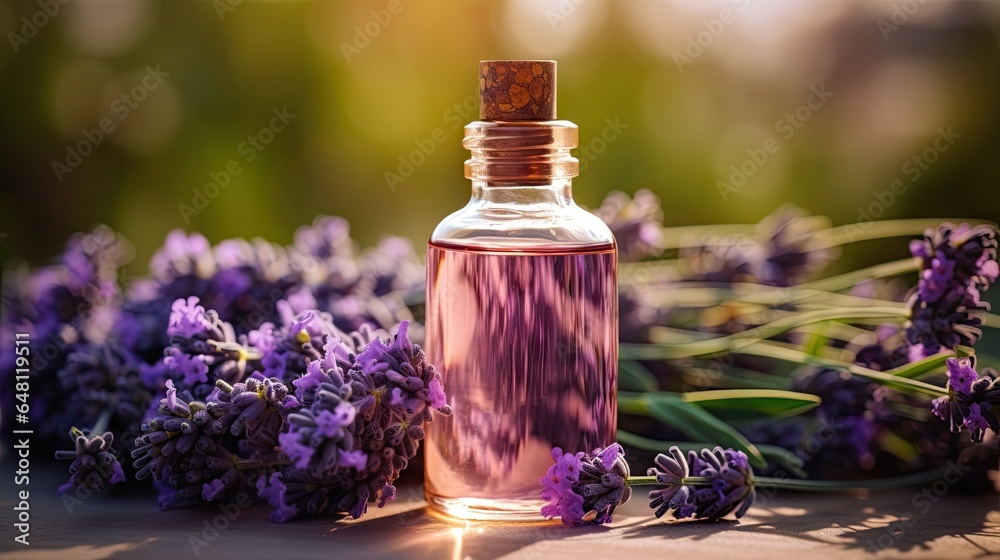 a bottle of lavender oil sitting on a table next to lavender flowers. generative ai a bottle of lavender oil sitting on a table next to lavender flowers. generative ai