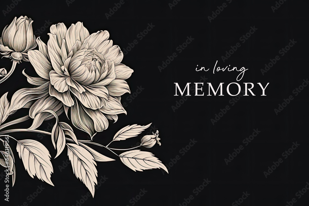 condolence card with flower outline in loving memory illustration - obrazy, fototapety, plakaty 