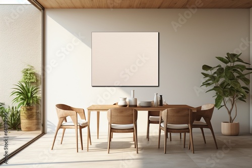 Modern Aesthetic Dining Room Interior Design with Blank Poster Created with Generative AI © dendyh7