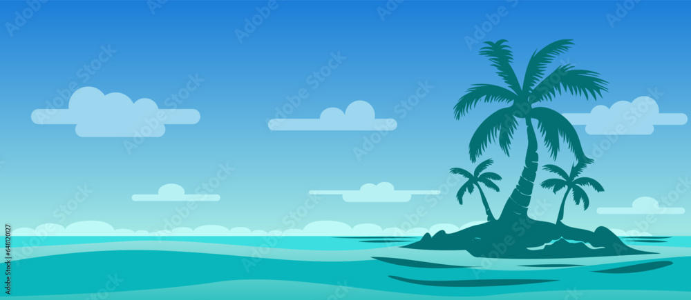 vector flat tropical landscape of a small island with a palm tree as a banner on a colorful background