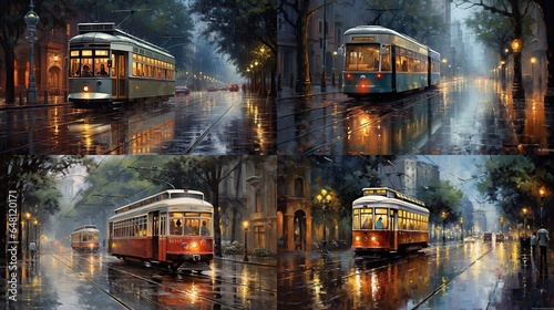  a painting of a trolley on a rainy street at night.  generative ai