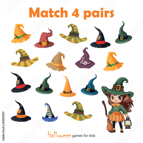 mini games for kids for a Halloween party. Find 4 pairs of witch hats. Workbook for preschoolers. Mini games for children. The cute witch lost her hat. Education and entertainment for children