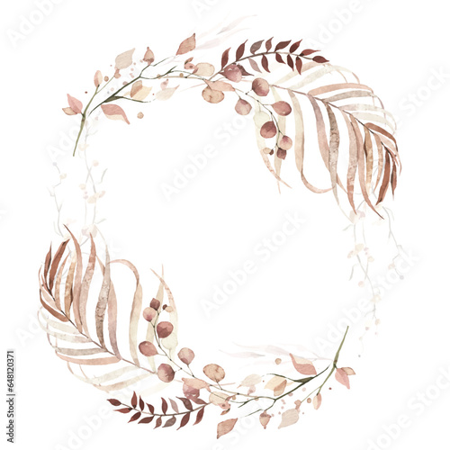 Watercolor autumn exotic greenery round frame. Beige, burgundy, brown dry tropical eucalyptus branches, leaves and twigs