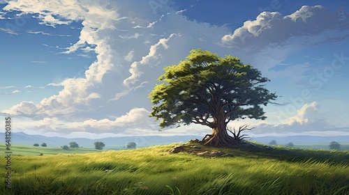  a painting of a tree on a hill with a sky background.  generative ai