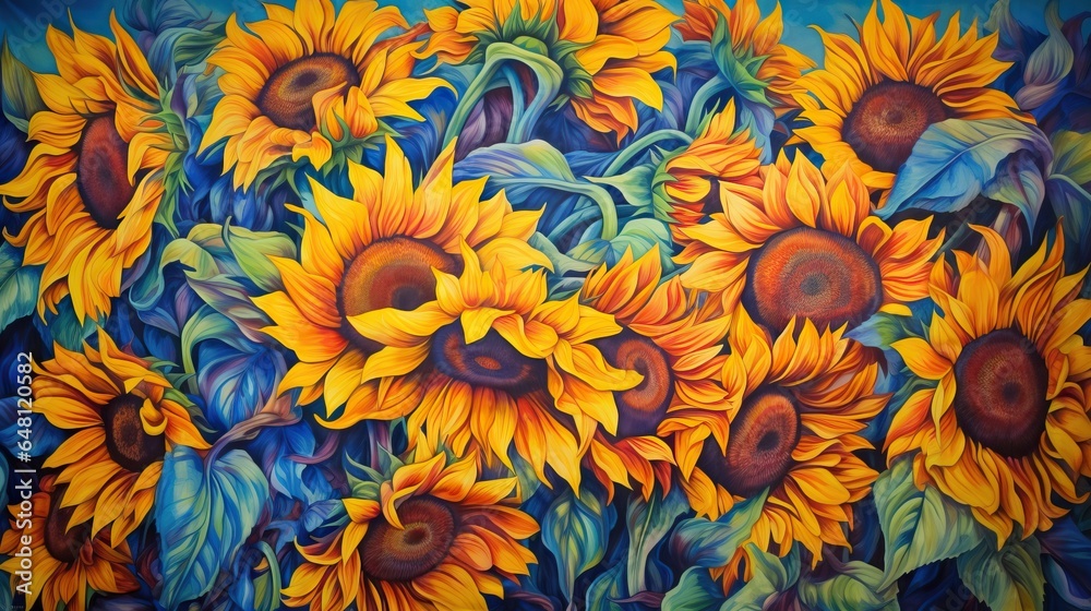  a painting of sunflowers painted on a blue background.  generative ai