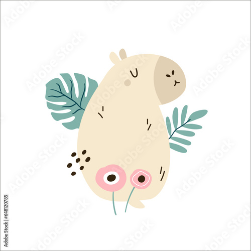 Funny capybara sitting in a jungle. Vector illustration of cute rodent animal