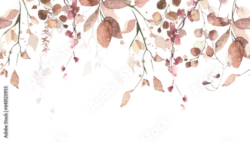 Watercolor painted seamless border on white background. Orange and pink autumn wild flowers, branches, leaves and twigs