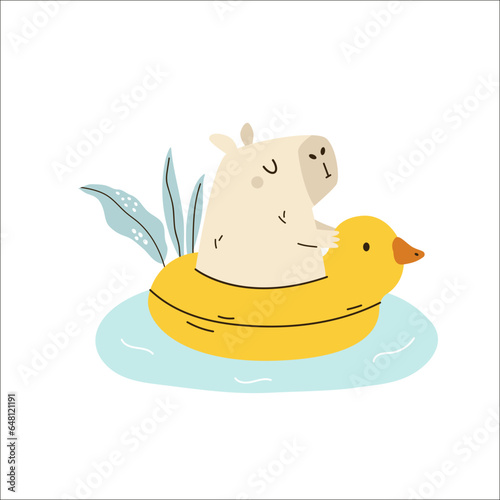 Vector illustration of a funny capybara sitting inside a duck floating ring
