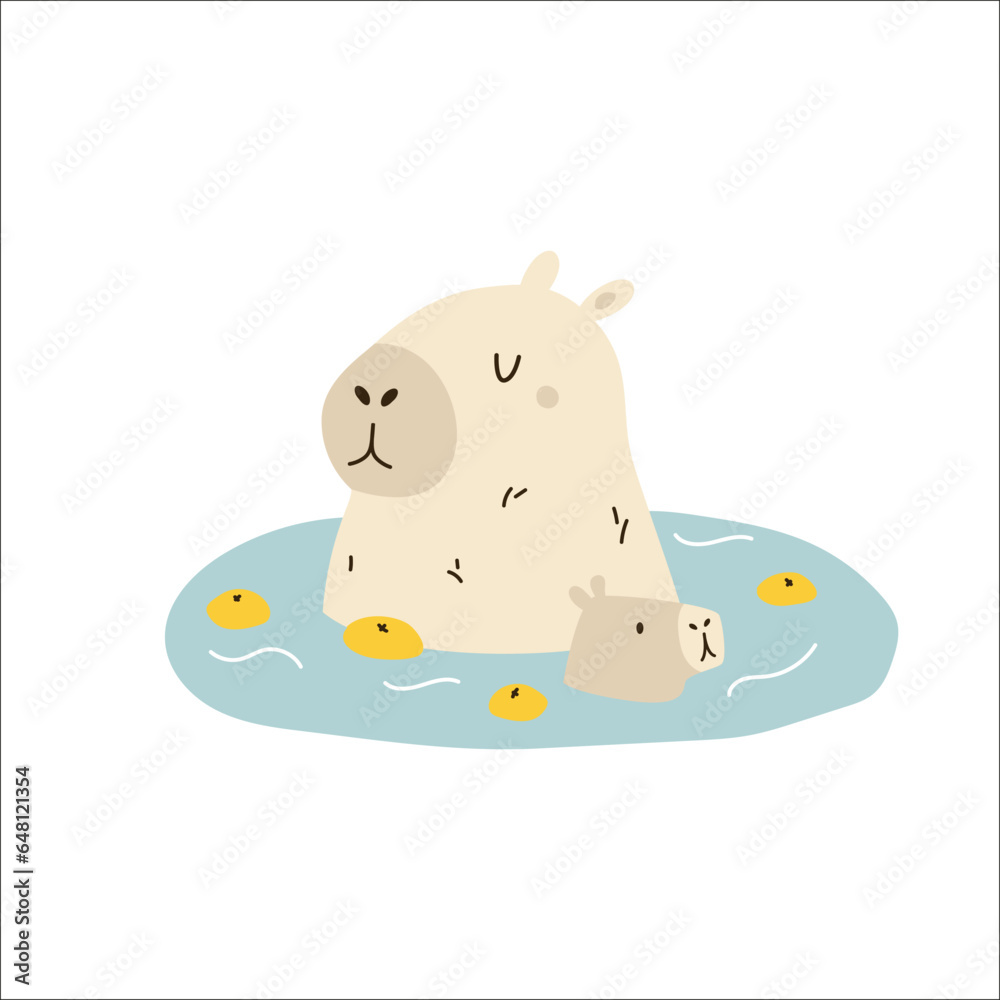 Vector illustration of a capybara family mother and child swimming in the pond Vector illustration of a capybara family mother and child swimming in the pond