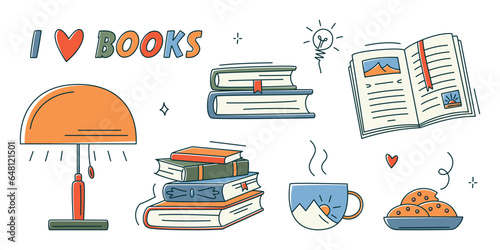 Doodle book colourful collection. Educational Vector illustration, books set icon. Stack of books, lamp, tea cup. Reading books concept. World book day. Minimalism. I love books
