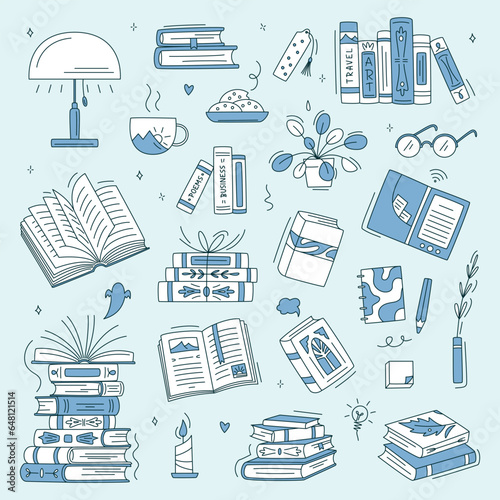 Doodle book collection. Educational Vector illustration, books set icon. Stack of books, glasses, lamp, vertical books. Reading books concept. World book day. Minimalism, line art, monochrome
