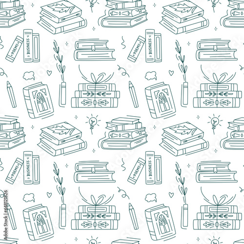 Seamless pattern with line art books. Educational Vector illustration. Stack of books, vase, vertical books, pen. Reading books concept. World book day. Minimalism background