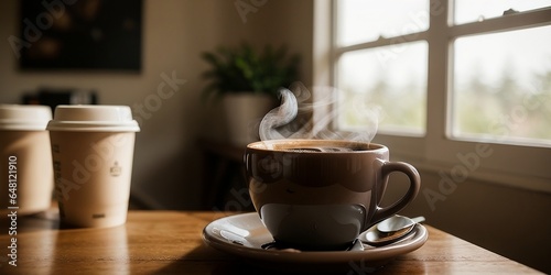 A cup of coffee on the vintage table  blurry background  warm and happy feeling.