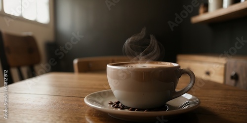 A cup of coffee on the vintage table, blurry background, warm and happy feeling.