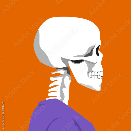 side view skeleton wearing shirt in profile. halloween theme, avatar, social media profile, print. flat vector illustration.
