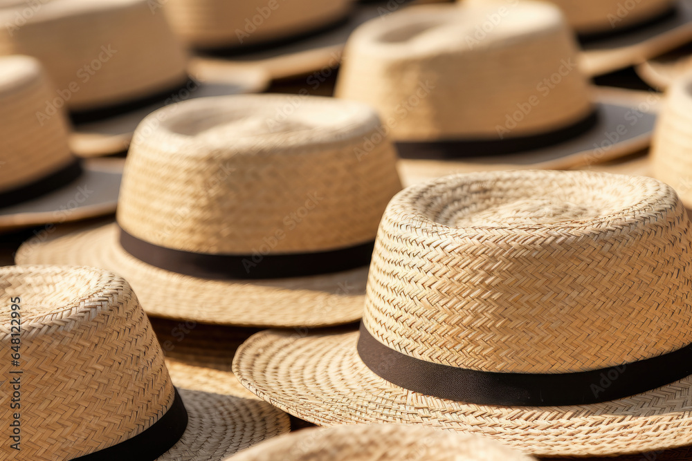 Captivating Craftsmanship: Intricate Details of Sun-kissed Straw Hats Glistening in the Mesmerizing Golden Hour, a Fashion Statement for Hat Enthusiasts and Beachwear Lovers