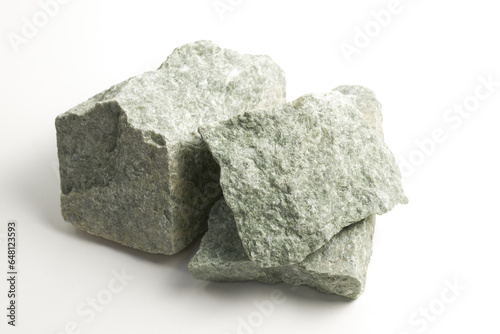 Set of sauna stones isolated on white background. Natural mineral rock jadeite photo