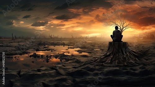  a person sitting on a stump in a barren area with a sunset in the background. generative ai
