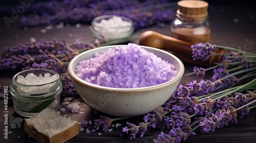  a bowl of lavender salt next to some salt and lavender flowers. generative ai