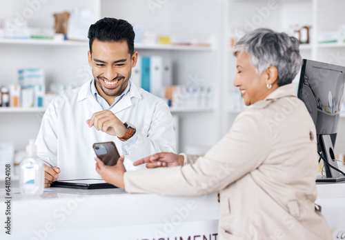 Pharmacy, doctor and senior woman with phone for healthcare, medical and clinic prescription instructions. Customer, mobile and happy with pharmacist and tablet with online information for support