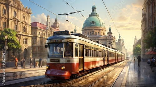  a painting of a train on the tracks in a city.  generative ai