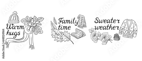Set of black and white doodle autumn season quotes, lettering or phrase with handwritting for greeting cards, banners, posters design. Warm hugs, family time, sweater weather slogans. Outline doodles
