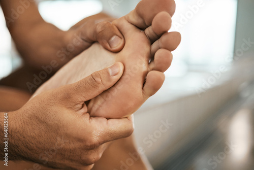 Canvas Print Hands, foot pain and massage with a person in physiotherapy to recover from injury or accident
