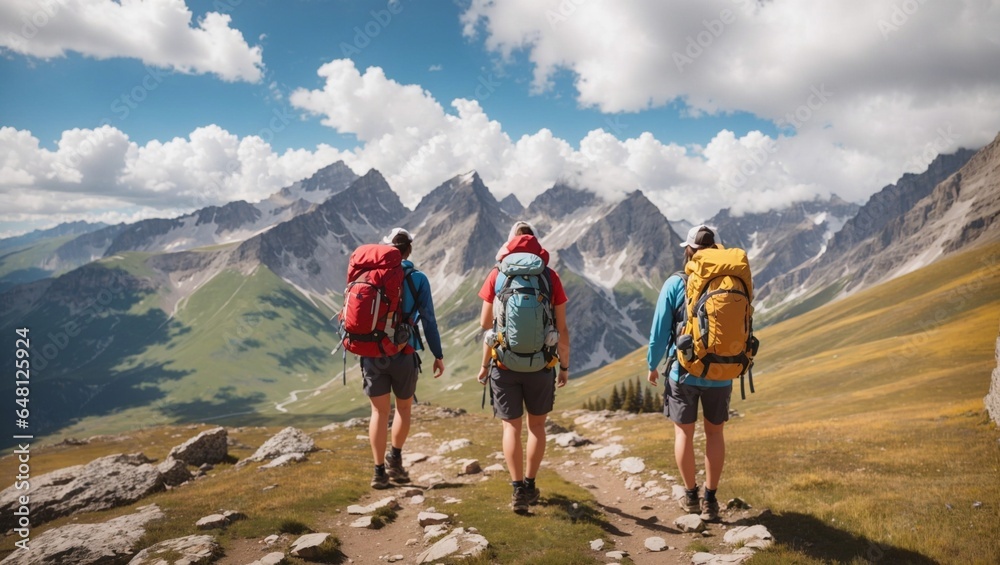 Two tourists with backpacks in the mountains. Tourists travel through the rocky mountains. Active rest in mountain hiking. Adventure in the mountains hiking 