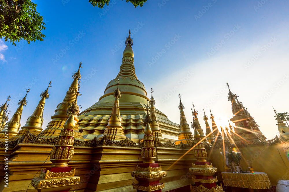 Naklejka premium background of the pagoda(Wat Suwan Khiri),Phutthasuwan Chedi, built for people or tourists to come to make merit and take pictures without having to seek permission while traveling in Ranong,Thailand.