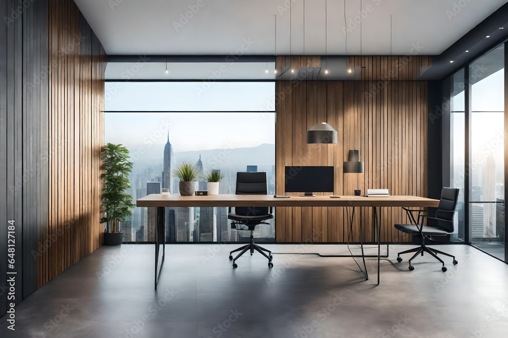 Contemporary office interior with office desk with big window with concrete wall with projection screen and blank wooden paneling wall for copy space