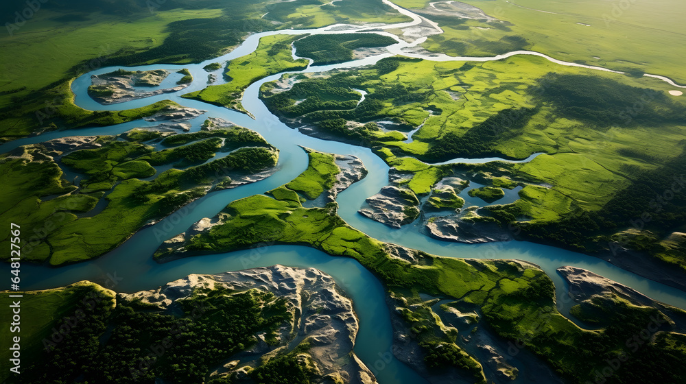 aerial view of a river delta with lush green vegetation and winding waterways - obrazy, fototapety, plakaty 