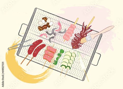 Various meat and vegatable kebabs with sauce brush and tongs on a wire grid for BBQ party