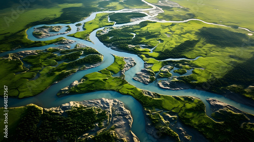 Photo aerial view of a river delta with lush green vegetation and winding waterways