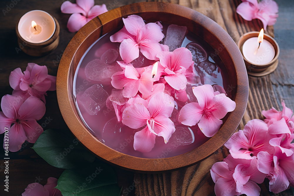 The flowers on wooden bowl with water and candle in the spa The flowers on wooden bowl with water and candle in the spa