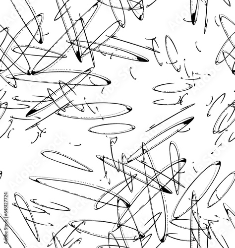 Seamless pattern of chaotically intersecting comic book contours of various rings, circles, hoops, half rings. Vector.