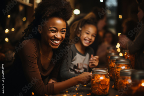 Halloween Vibes  Young Afro-American Woman Enjoying Festive Bar Decor