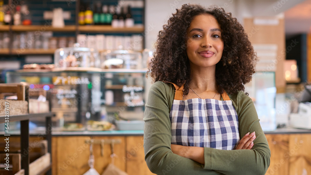 Portrait Of Confident Young Woman Wearing Apron Working In Food Shop