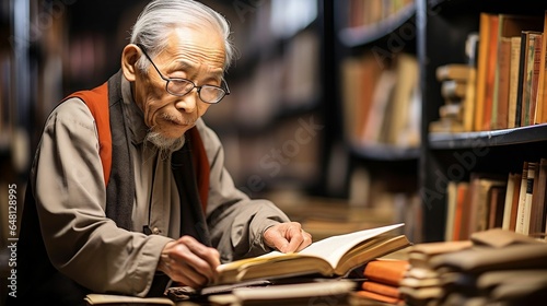 Elderly Scholar Lost in Ancient Library's Wisdom 